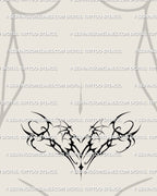 neo tribal blackwork womb tattoo with winged heart shown on womens lower belly to highlight the curved lower stomach placement