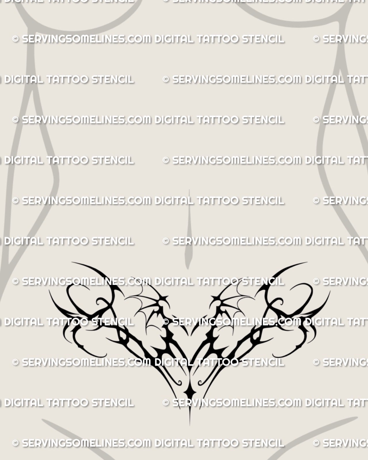 neo tribal blackwork womb tattoo with winged heart shown on womens lower belly to highlight the curved lower stomach placement