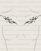 Digital stencil preview of twin flaming heart tattoo on female collarbones, elegant neo-tribal ornamental chest design. 