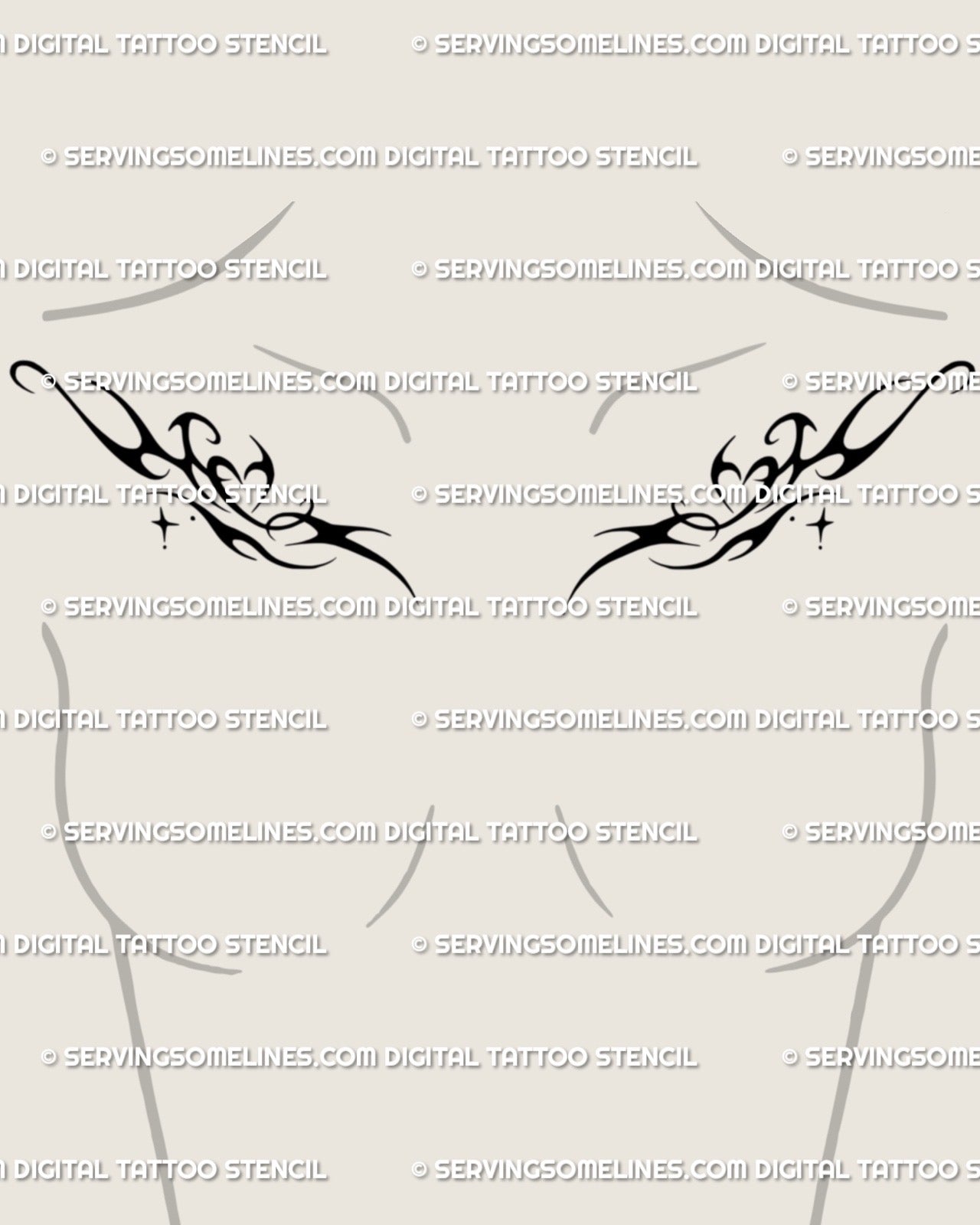 Digital stencil preview of twin flaming heart tattoo on female collarbones, elegant neo-tribal ornamental chest design. 