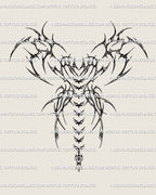 Spine wings tattoo design digital preview with spiky neo-tribal motion and cyber sigil rhythm, symmetrical backpiece artwork.