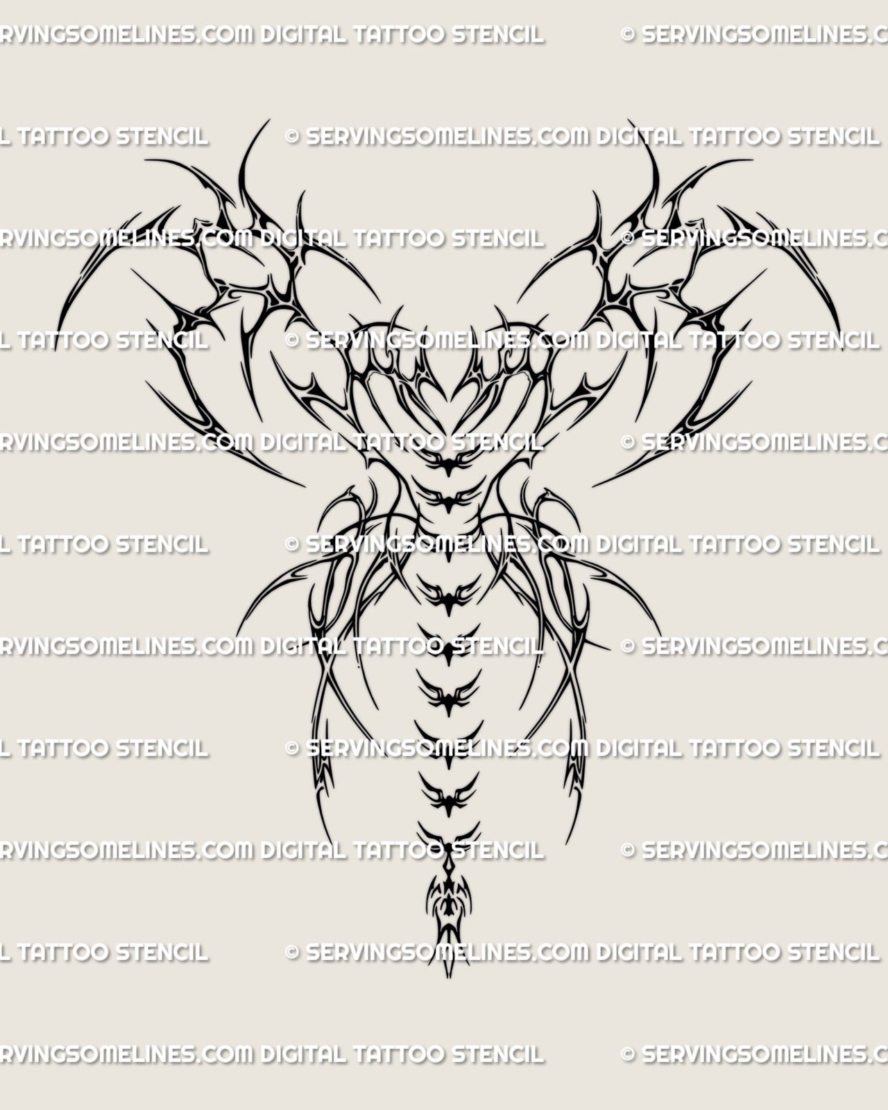 Spine wings tattoo design digital preview with spiky neo-tribal motion and cyber sigil rhythm, symmetrical backpiece artwork.