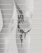 Digital tattoo stencil preview on knee placement, cyber tribal linework wrapping leg curve, black minimalistic shape design.