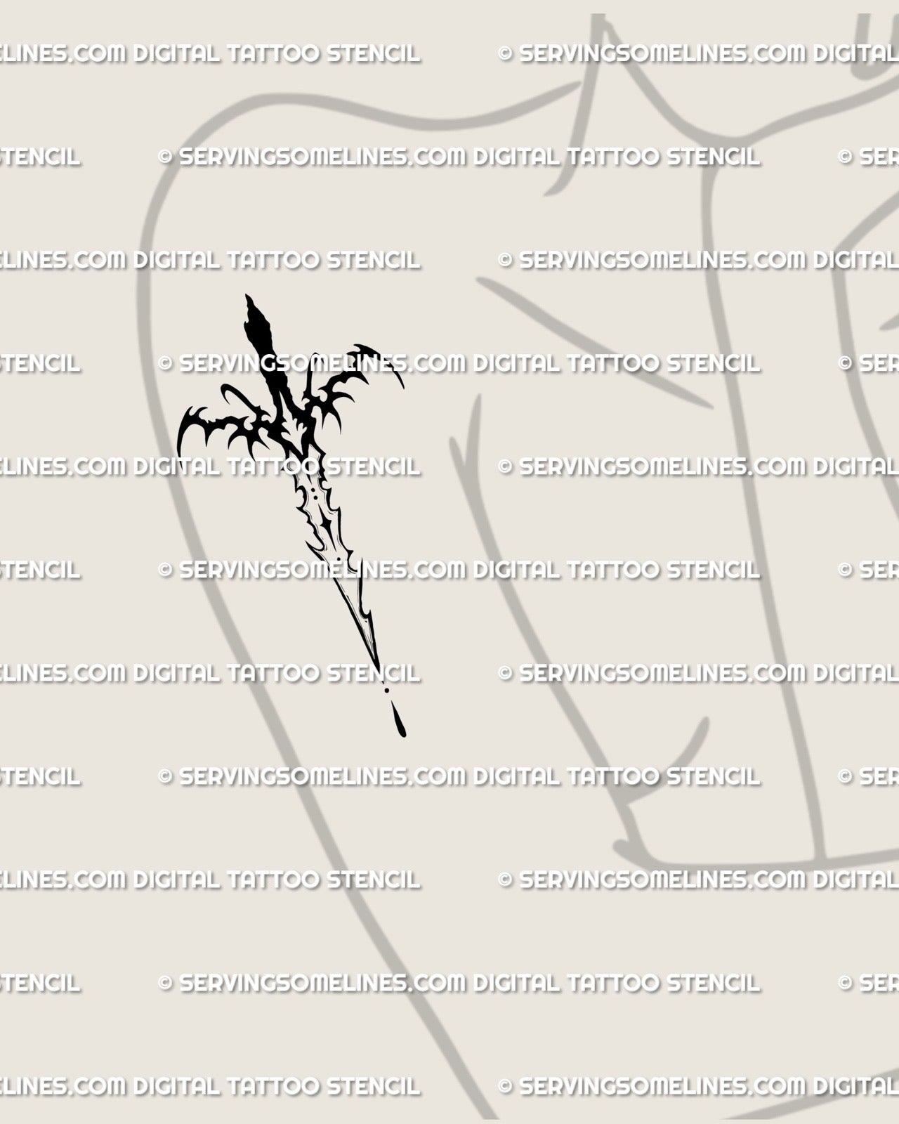 Neo-tribal sword tattoo stencil displayed on woman’s upper arm, minimal gothic dagger design in black line art, clean small tattoo digital preview. 