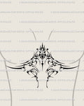 Digital tattoo stencil preview showing neo-tribal under-breast heart design, placed beneath the sternum for feminine gothic flow.