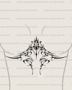 Digital tattoo stencil preview showing neo-tribal under-breast heart design, placed beneath the sternum for feminine gothic flow.