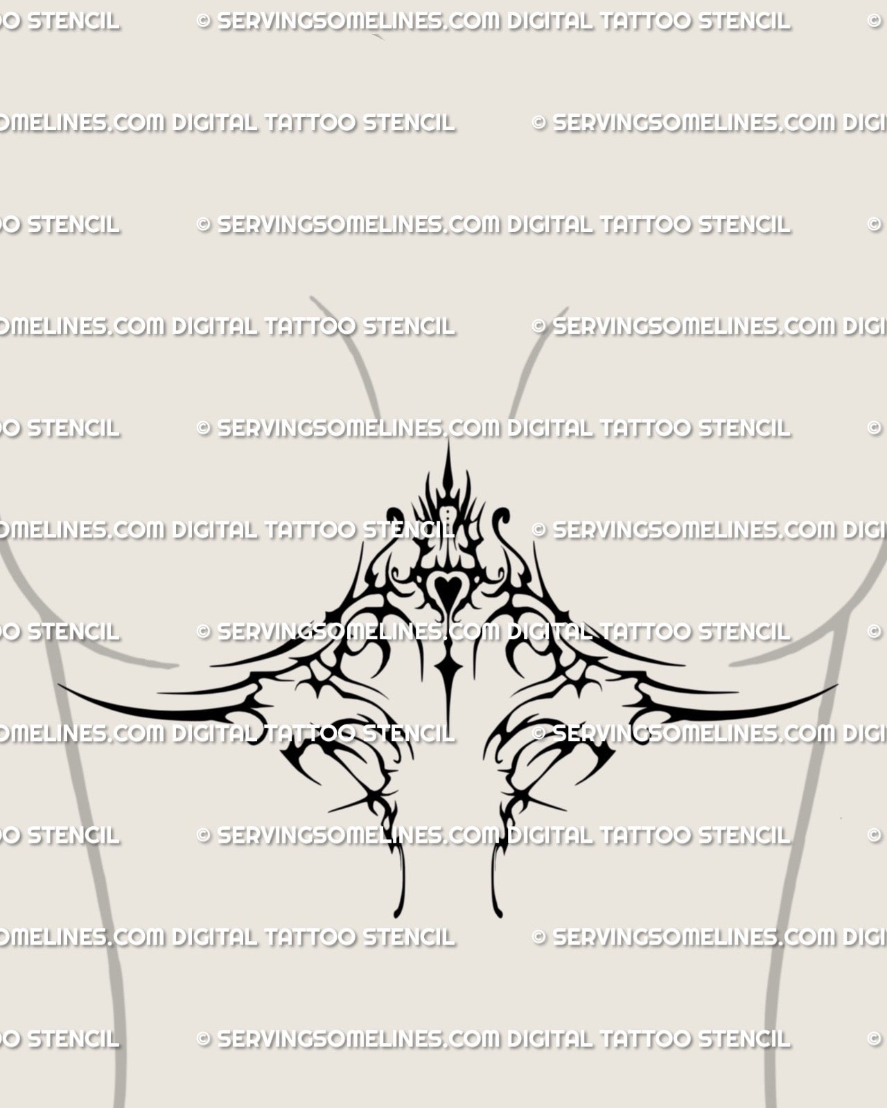Digital tattoo stencil preview showing neo-tribal under-breast heart design, placed beneath the sternum for feminine gothic flow.