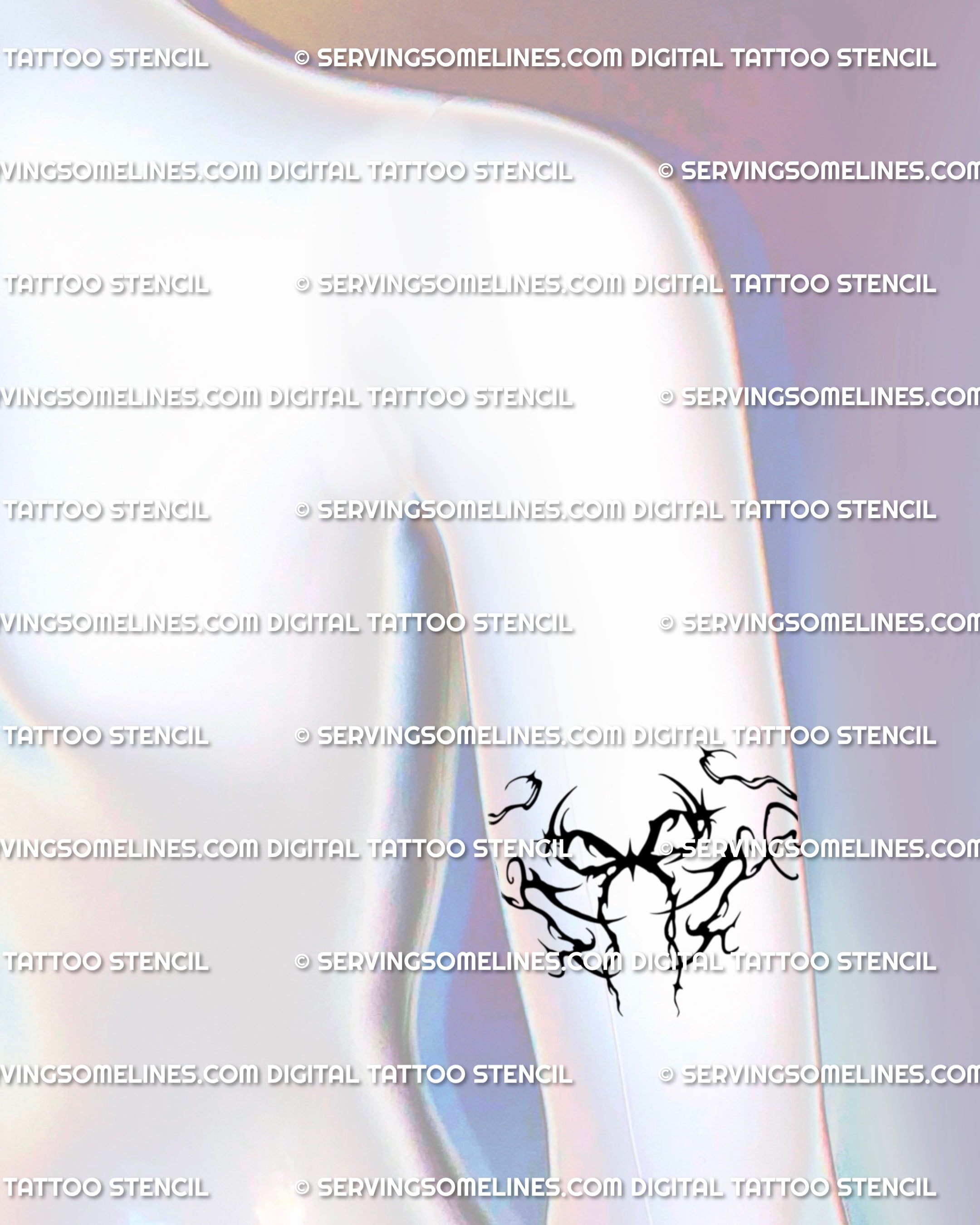 Dark neo gothic bow tattoo stencil in cyber-tribal style, drawn for the back of the upper arm. A bold ornamental ribbon design that balances sharp detail with elegant symmetry.