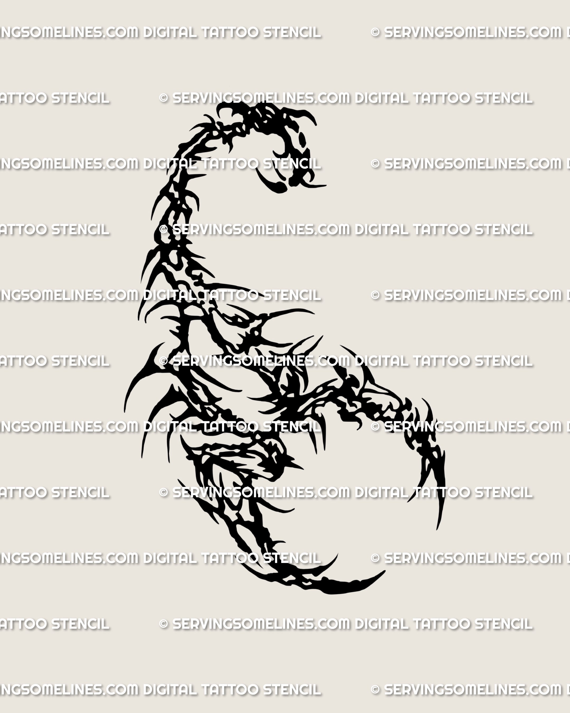 Neo gothic tribal scorpion tattoo stencil, drawn in dark cybersigilism line art with sharp claws and arched stinger, a gothic scorpion tattoo design digital download.