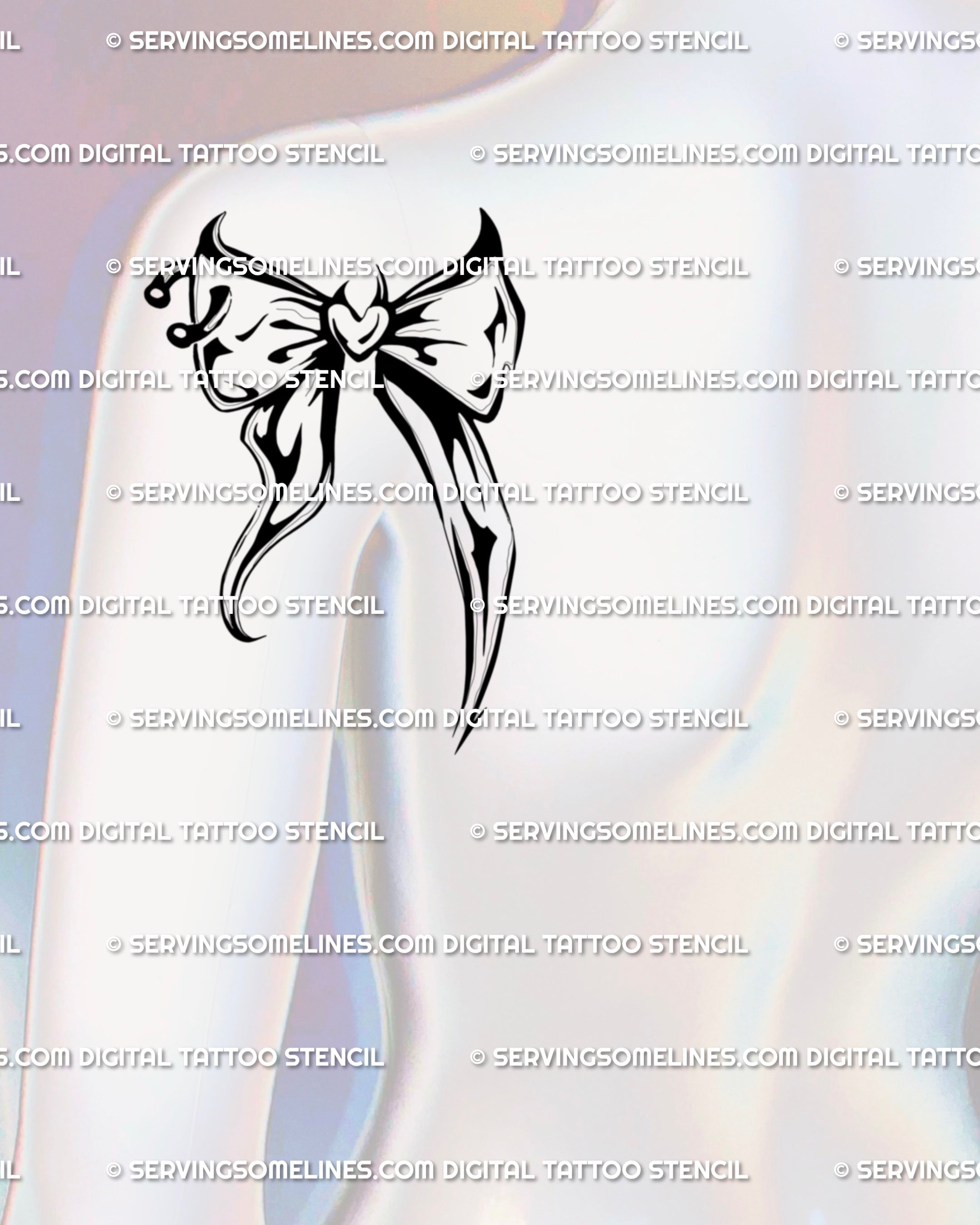 Shoulder-to-arm split layout: ribbon knot centered on back shoulder with tails flowing down the upper arm; a neo tribal bow tattoo drawn for symmetry, clarity, and long-term readability on skin.