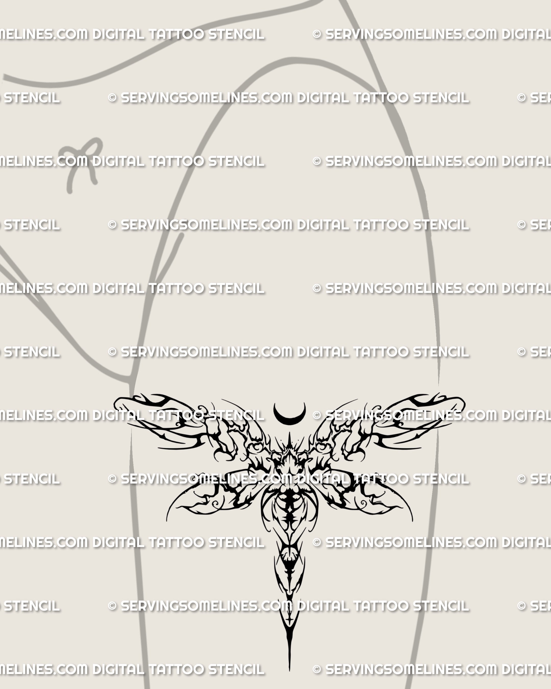 Neo tribal dragonfly stencil in gothic ornamental flash, placed as a striking front thigh tattoo design with symmetrical wings and sharp decorative rhythm.