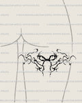 Neo gothic ribbon tattoo stencil drawn as an ornamental bow design, styled in dark tribal linework for a bold back of thigh tattoo placement.