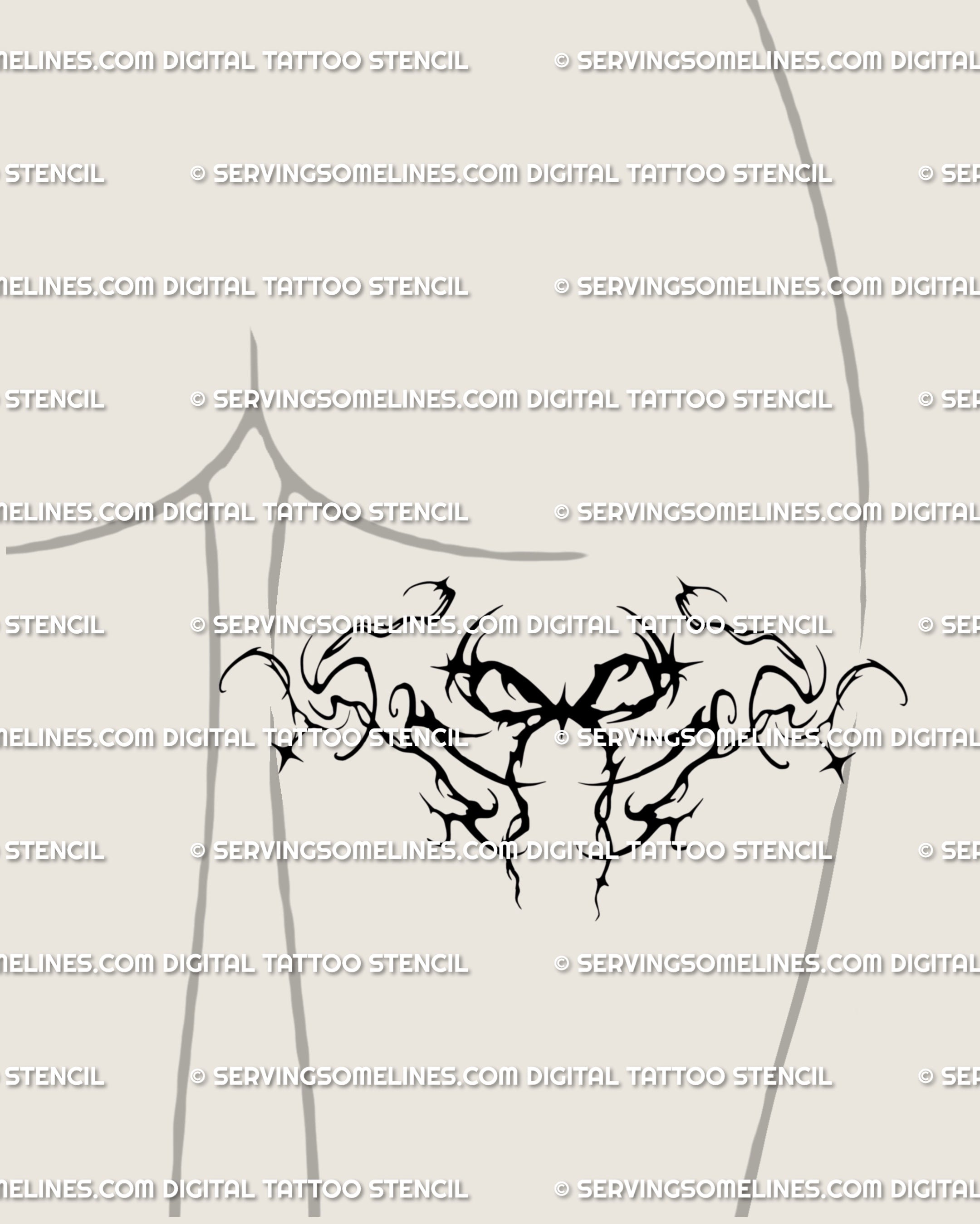 Neo gothic ribbon tattoo stencil drawn as an ornamental bow design, styled in dark tribal linework for a bold back of thigh tattoo placement.