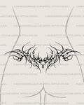 Neo tribal tramp stamp tattoo design in dark gothic cyber sigil style, with a spiky heart center and ornamental wings, made for lower back symmetry.