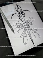Neogothic spider dagger tattoo stencil shown on iPad, gothic butterfly-web wings with cybersigil and neo-tribal line-art symmetry.