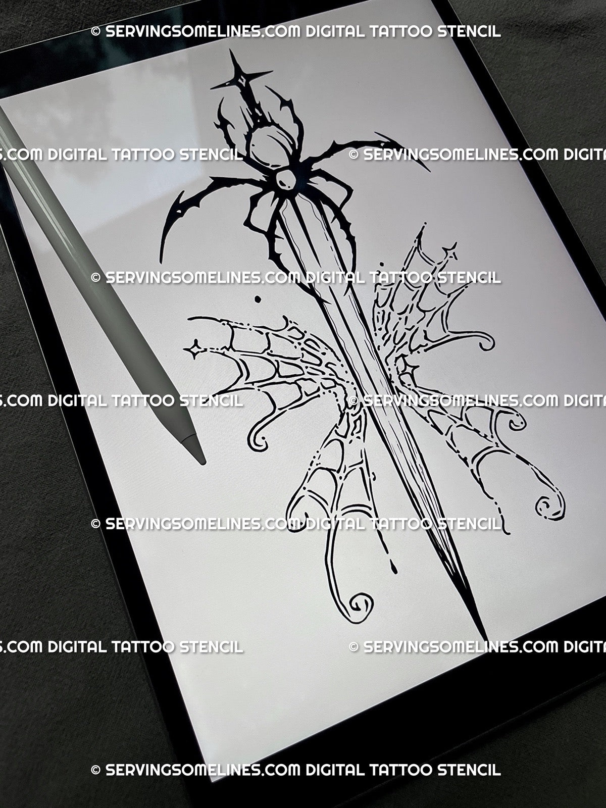 Neogothic spider dagger tattoo stencil shown on iPad, gothic butterfly-web wings with cybersigil and neo-tribal line-art symmetry.