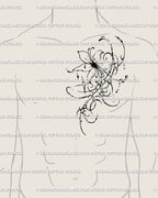 Neogothic cybersigilism flower tattoo design on male chest side, ornamental cyber floral linework showing strength with edge.