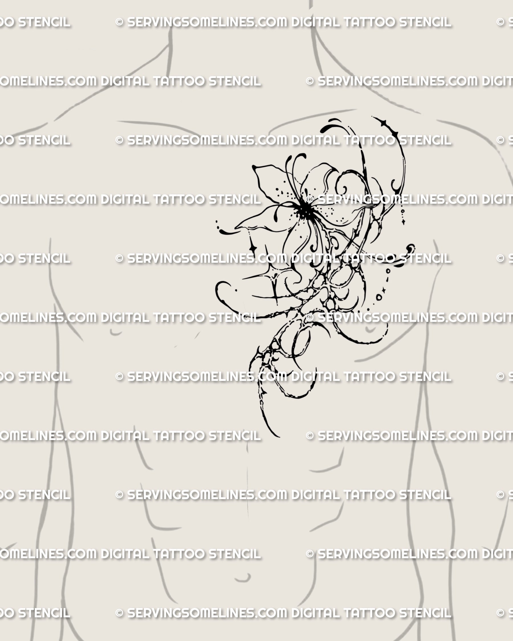 Neogothic cybersigilism flower tattoo design on male chest side, ornamental cyber floral linework showing strength with edge.
