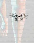 Dark tribal bow tattoo idea flowing cleanly under the knee, drawn for symmetry and edge, a unique gothic ribbon placement for bold alternative tattoos.
