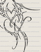 Detailed close-up of neotribal heart tattoo stencil with curved spikes and abstract flowing linework, modern cyber tribal style.
