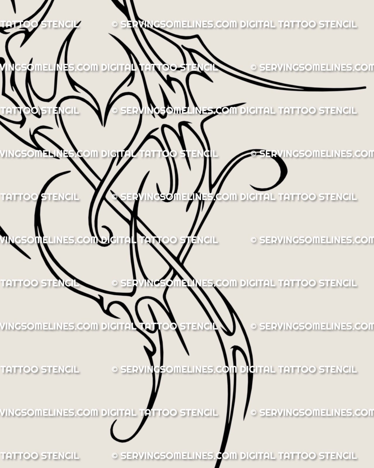 Detailed close-up of neotribal heart tattoo stencil with curved spikes and abstract flowing linework, modern cyber tribal style.
