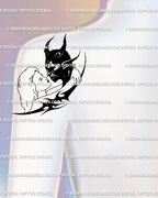 Neotribal angel tattoo showing gothic couple embrace, perfect symbolic design for shoulder or back piece with good vs evil meaning.