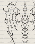 Close detail of a neotribal angel wings spine tattoo stencil with clean outlined wing shapes and spine-centered flow