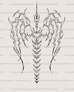 Neotribal angel wings spine tattoo stencil digital download design with outlined wings and centered back tattoo shape