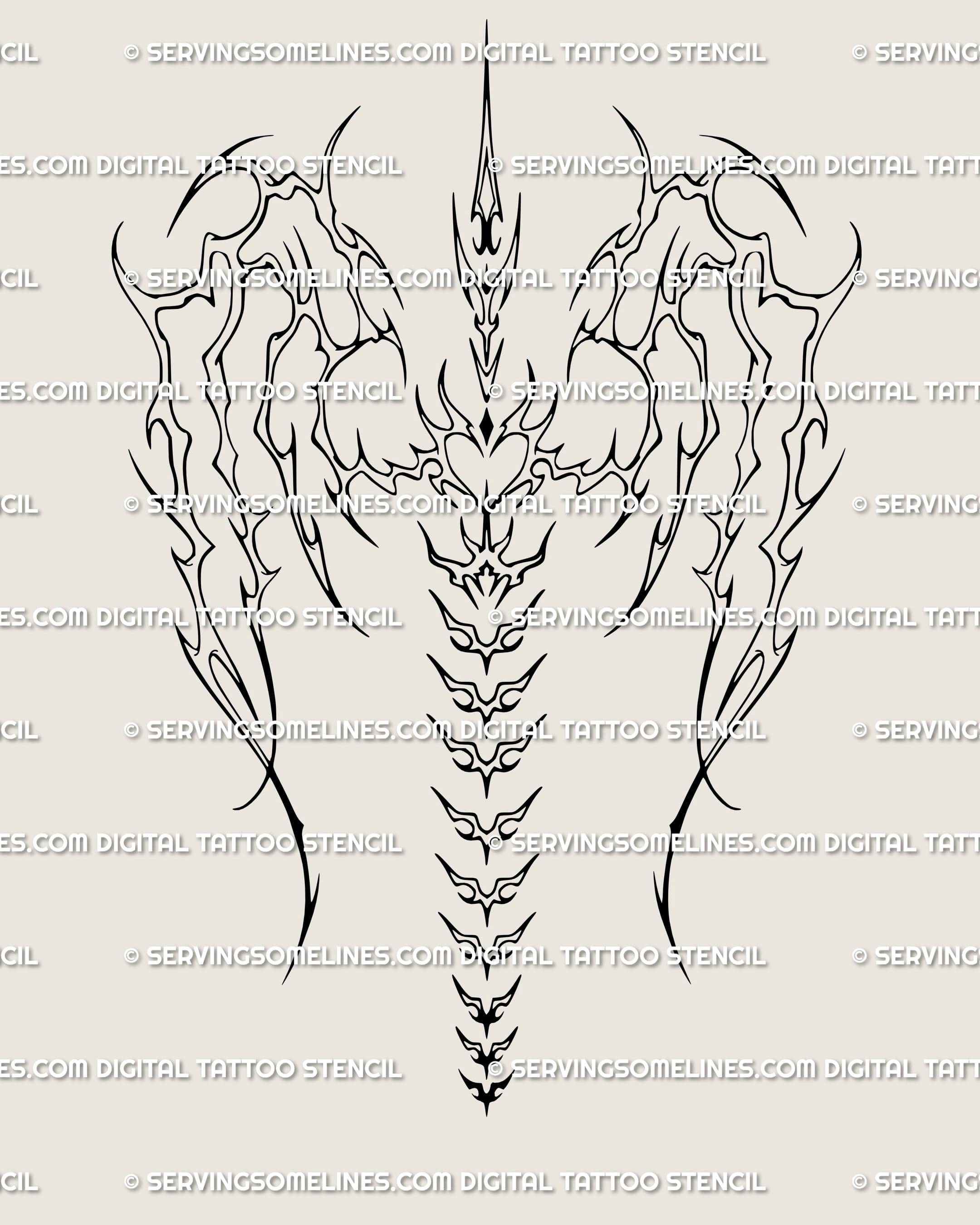 Neotribal angel wings spine tattoo stencil digital download design with outlined wings and centered back tattoo shape