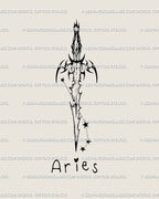 Neotribal Aries tattoo design showing sword and constellation stars with the word Aries beneath, a celestial dagger flash download.