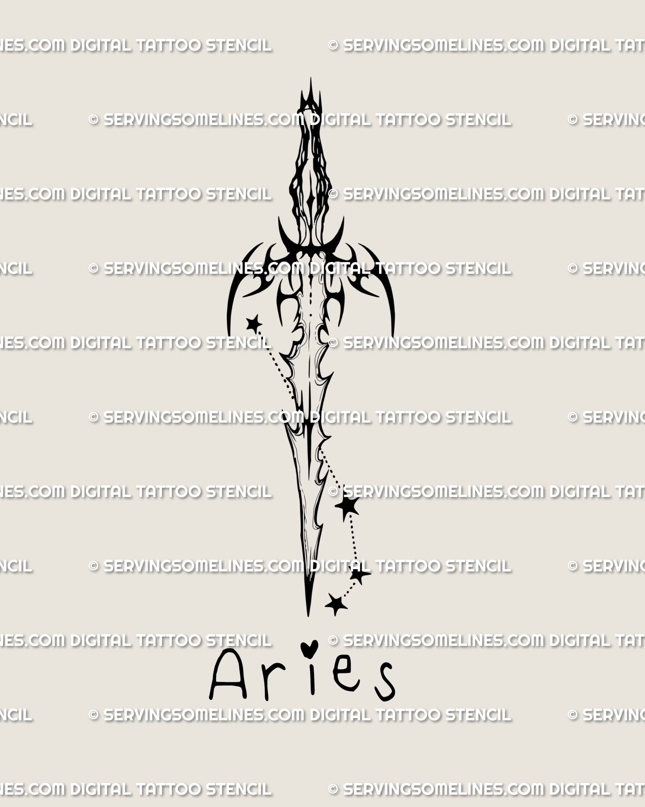Neotribal Aries tattoo design showing sword and constellation stars with the word Aries beneath, a celestial dagger flash download.