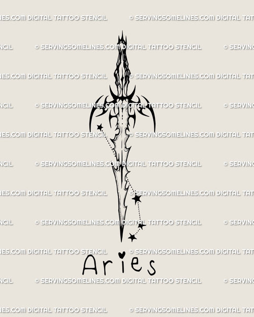 Neotribal Aries tattoo design showing sword and constellation stars with the word Aries beneath, a celestial dagger flash download.