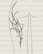 Neotribal back thigh tattoo for women showing spiky cybertribal ornament lines, modern gothic energy with cybercore style. 