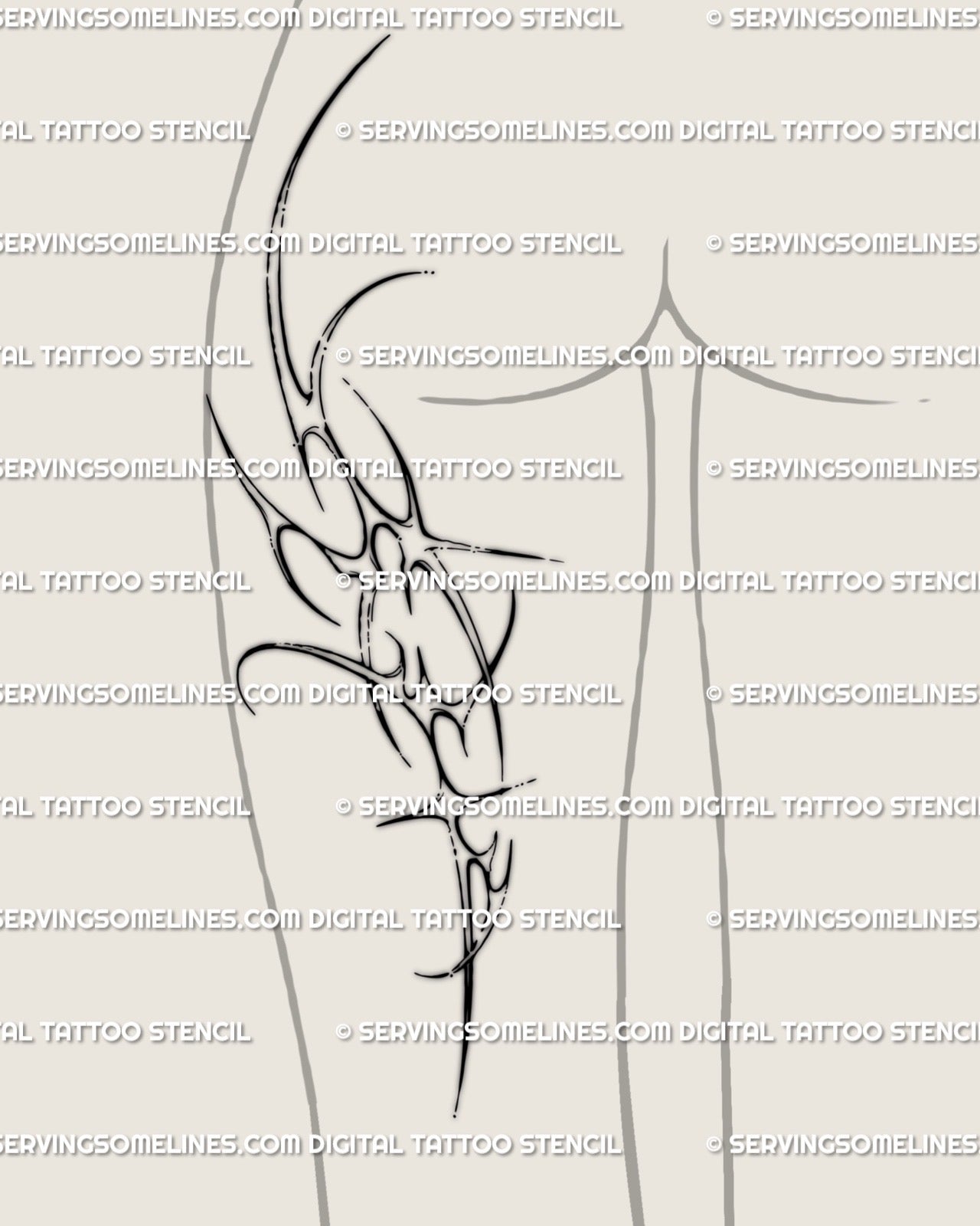 Neotribal back thigh tattoo for women showing spiky cybertribal ornament lines, modern gothic energy with cybercore style. 