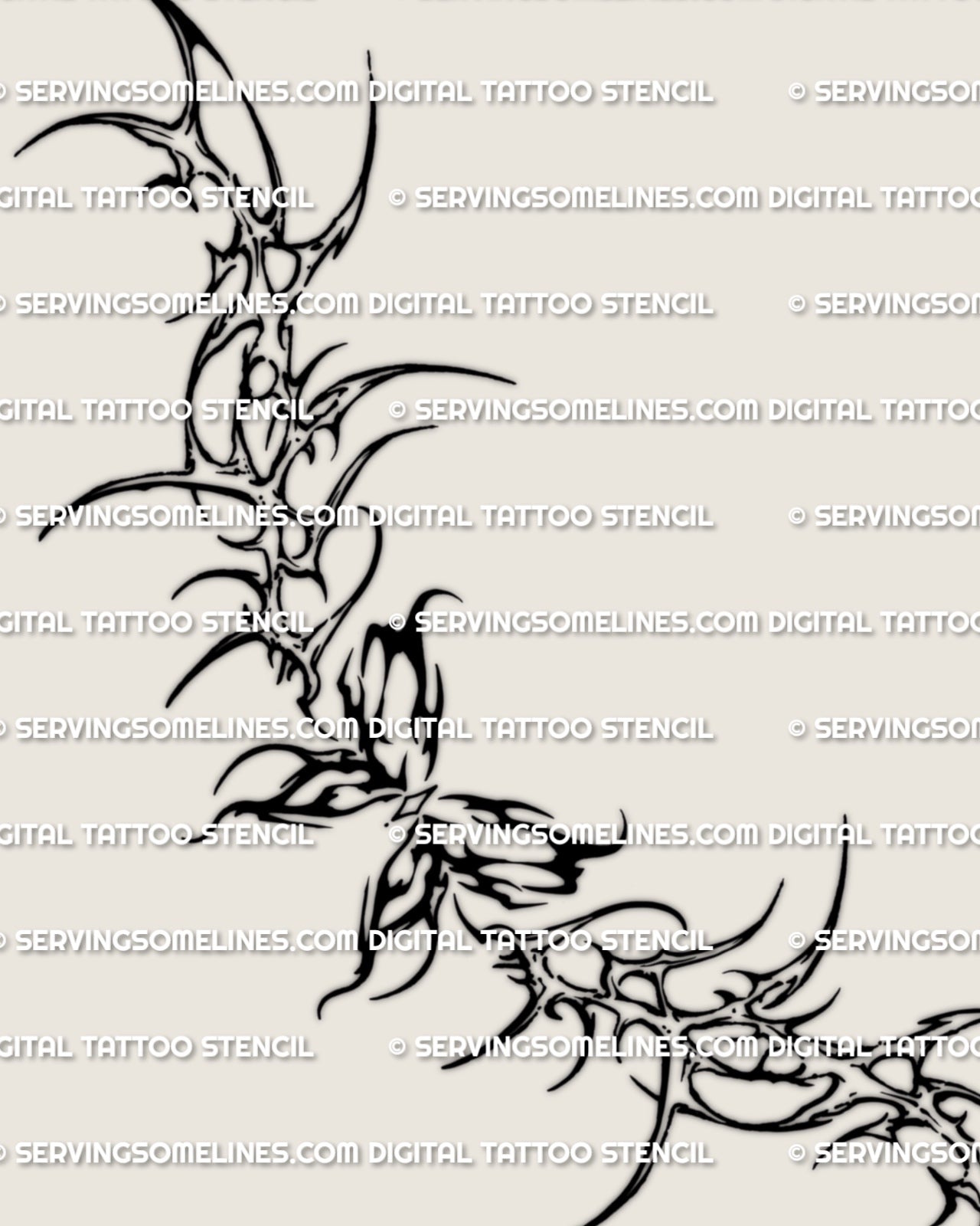 Neotribal butterfly lower back tattoo stencil shown as a full design layout, with a centered butterfly body and wide tribal spread.