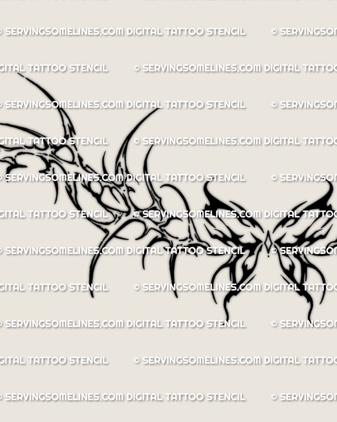 Close detail of the neotribal butterfly lower back tattoo stencil, showing pointed wing forms and the central butterfly shape.