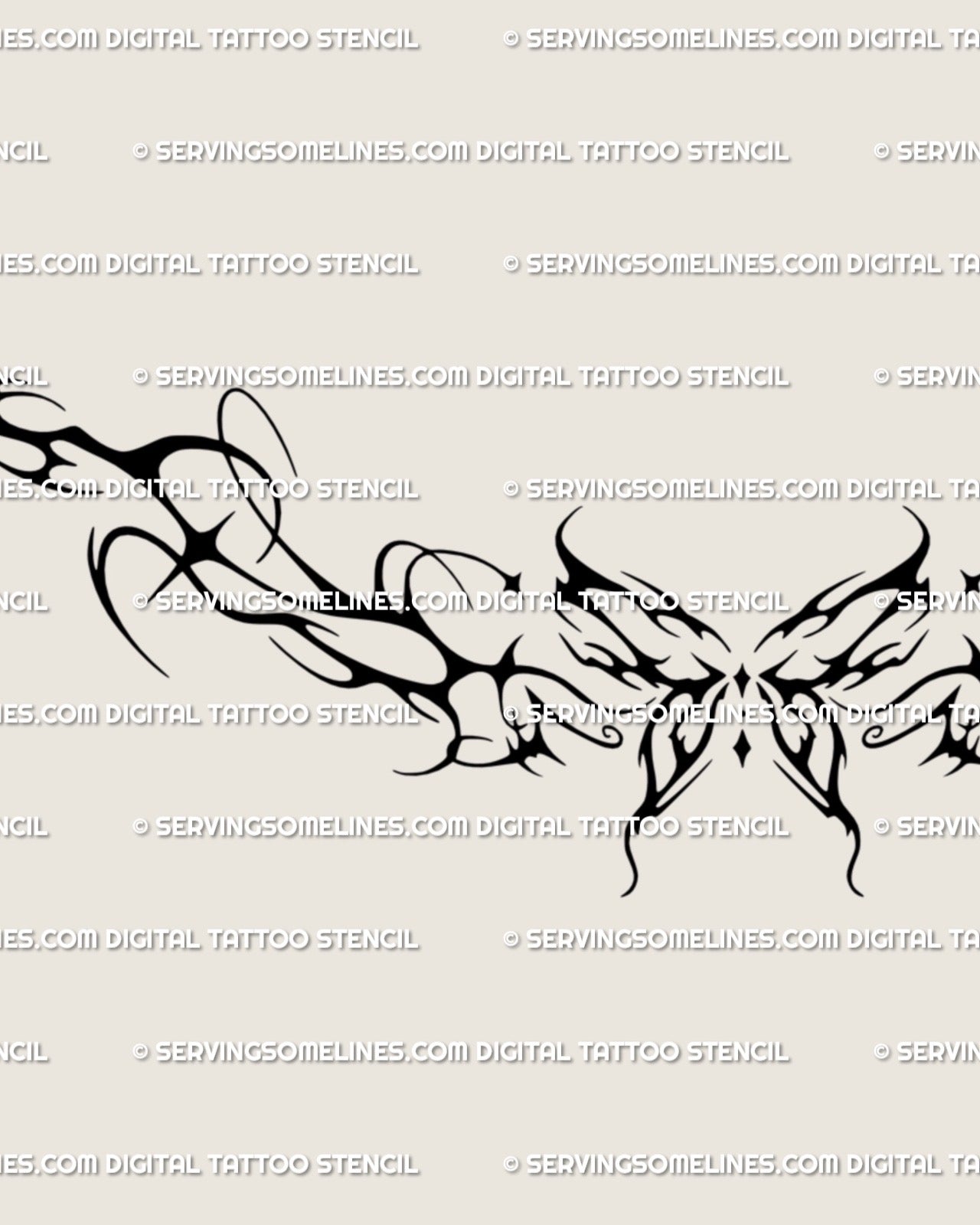 Neotribal butterfly tattoo stencil with symmetrical fairycore wings and sharp tribal detail, designed for lower back or hip placement.