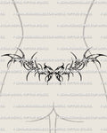 Neotribal butterfly lower back tattoo shown on women's lower back placement example, with a centered body and sharp tribal wing shapes.