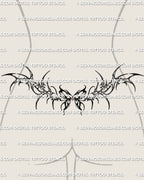 Neotribal butterfly lower back tattoo shown on women's lower back placement example, with a centered body and sharp tribal wing shapes.