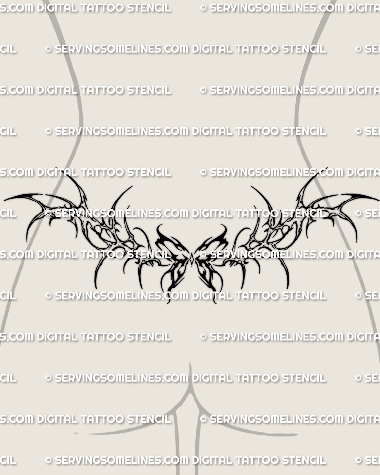 Neotribal butterfly lower back tattoo shown on women's lower back placement example, with a centered body and sharp tribal wing shapes.