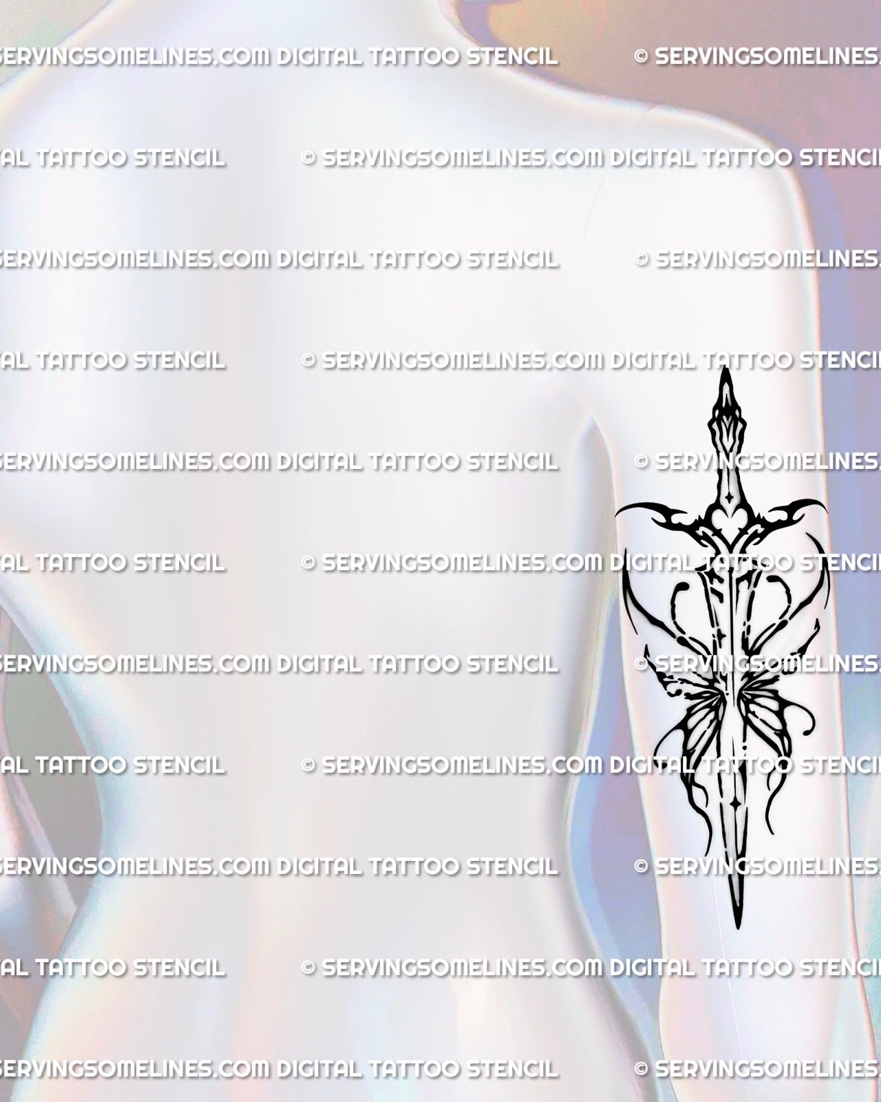 Preview of butterfly sword neotribal tattoo stencil placed on back of arm, cyber sigil heart design in ornamental fine-line style. 
