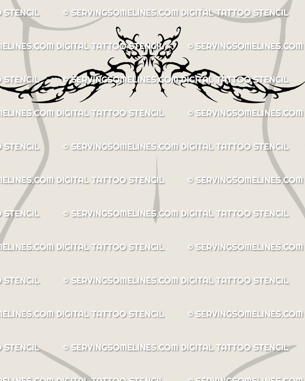 Butterfly underbust tattoo stencil displayed on woman’s torso, combining cyber sigilism with neotribal chest framing flow.