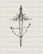 Neotribal Capricorn dagger tattoo stencil design, dark zodiac blade with horned guard shape and small star cluster accent.