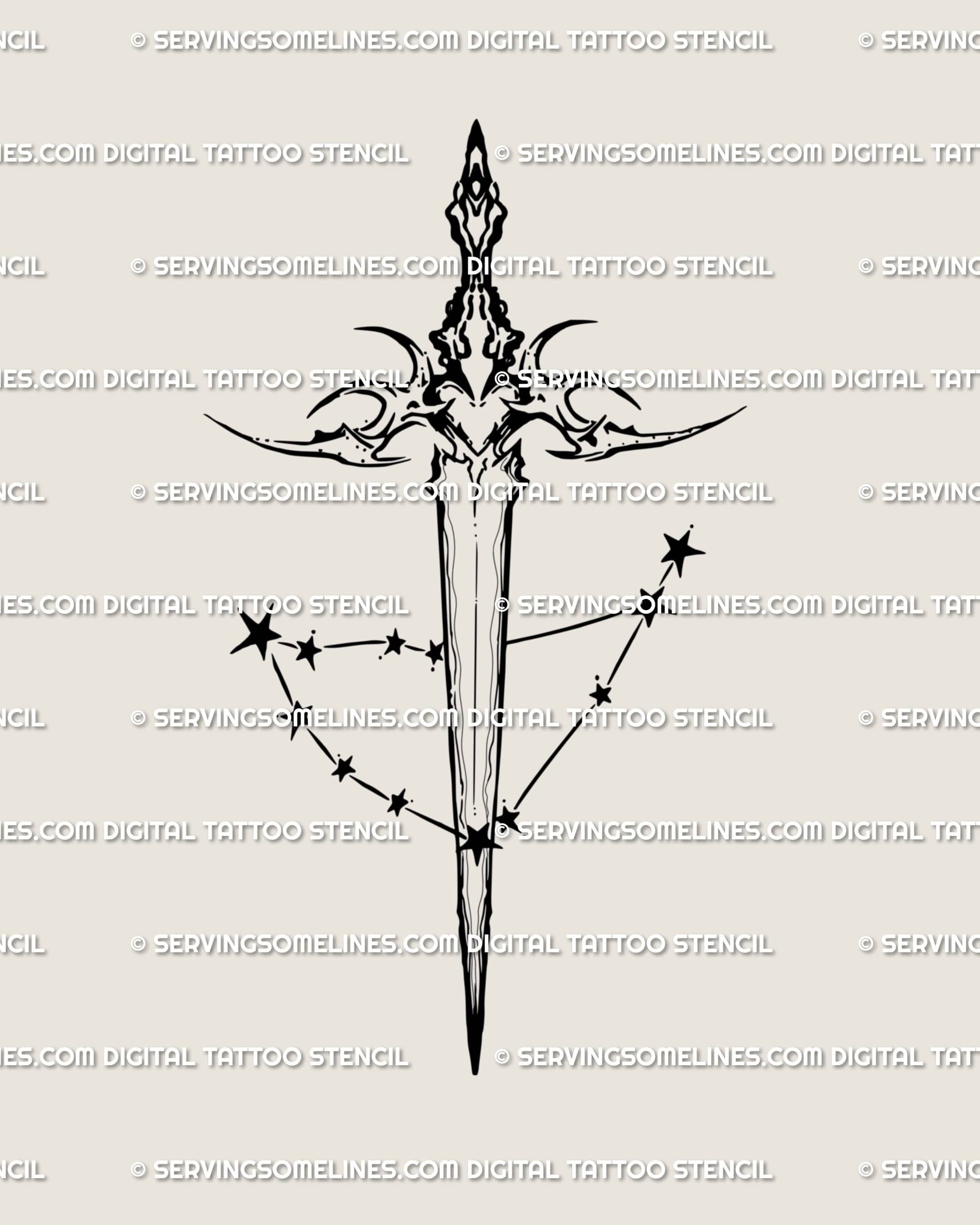 Neotribal Capricorn dagger tattoo stencil design, dark zodiac blade with horned guard shape and small star cluster accent.