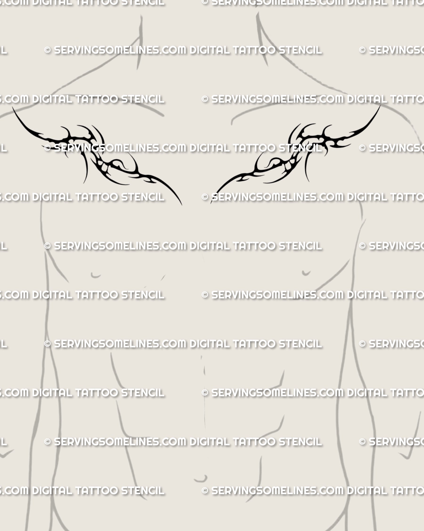 Neotribal collarbone tattoo stencil for men, mirrored cyber sigil tribal design in gothic Y2K style. Symmetrical digital stencil download for chest tattoos.