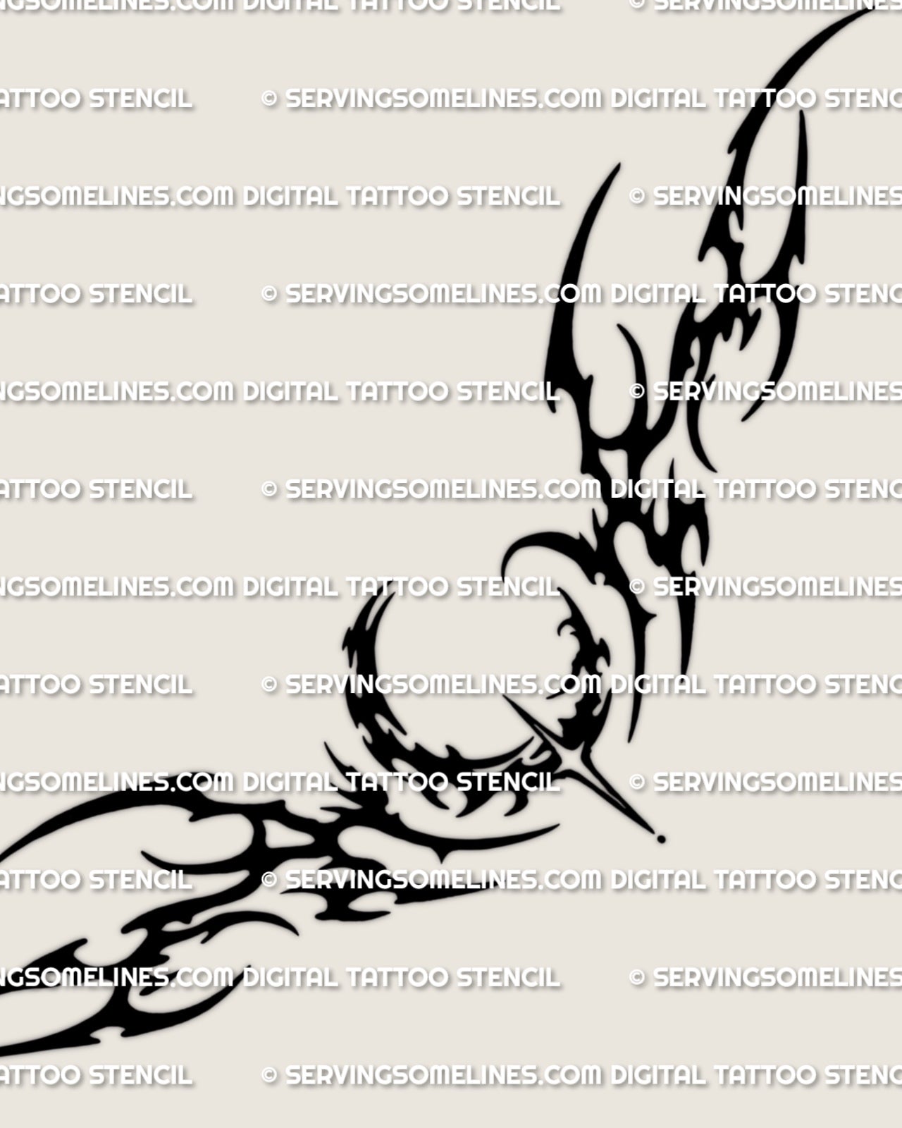 Neotribal crescent moon lower back tattoo stencil design shown as a full layout with a black moon center and waist-fit framing.