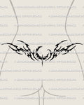Neotribal crescent moon lower back tattoo shown on women's lower back placement example with a centered moon and wide tribal spread.