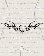 Neotribal crescent moon lower back tattoo shown on women's lower back placement example with a centered moon and wide tribal spread.