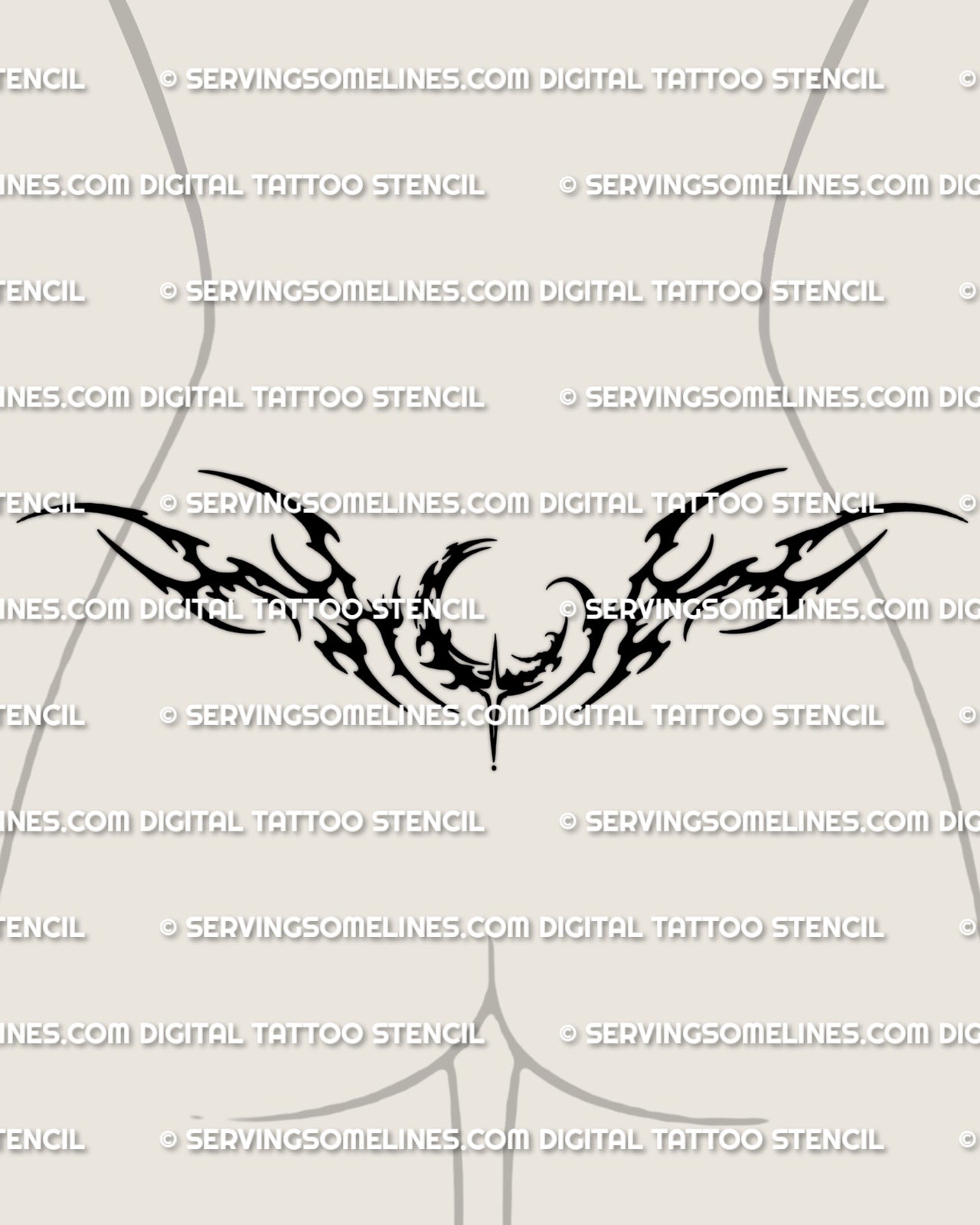 Neotribal crescent moon lower back tattoo shown on women's lower back placement example with a centered moon and wide tribal spread.