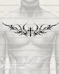 Neotribal cross chest tattoo stencil shown on men’s chest placement with bold black sidework and centered cross